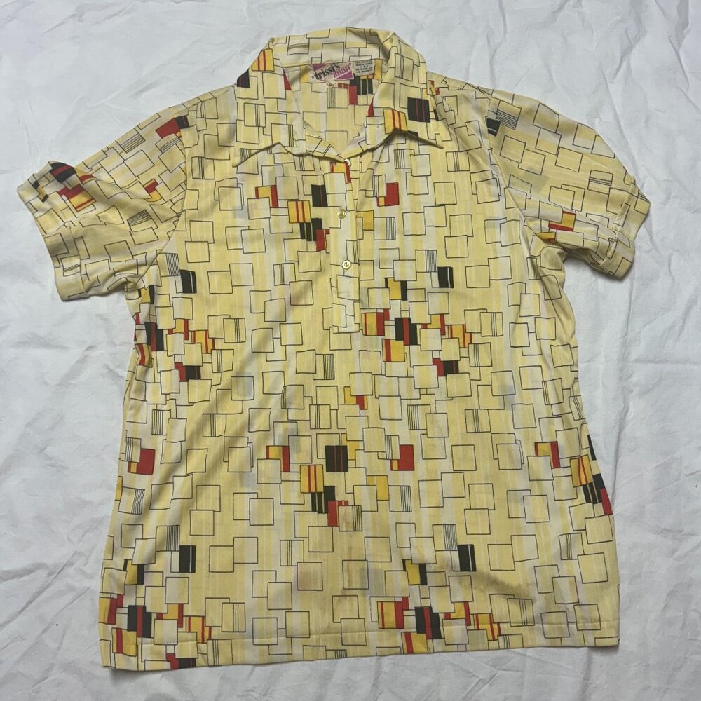 Vintage 70s Trissi's Woman Yellow Geometric Polyester Collared Top, Size 40